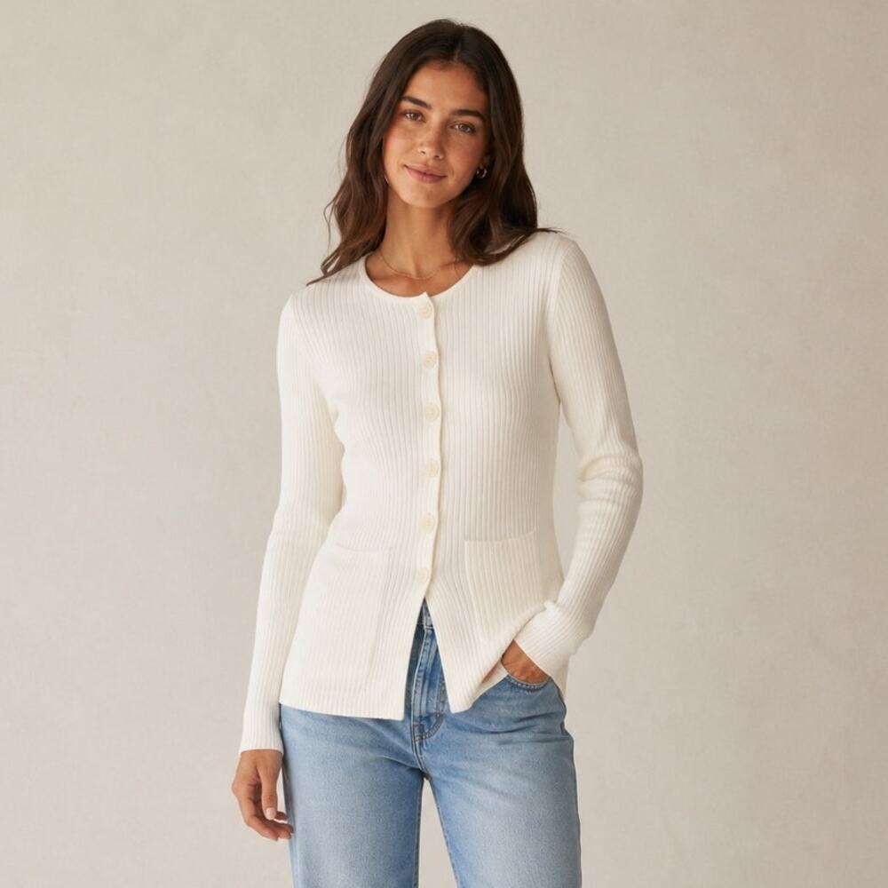 J.Crew Super Stretch Ribbed Long Sleeve Button Front Cardigan Ivory Small NWT